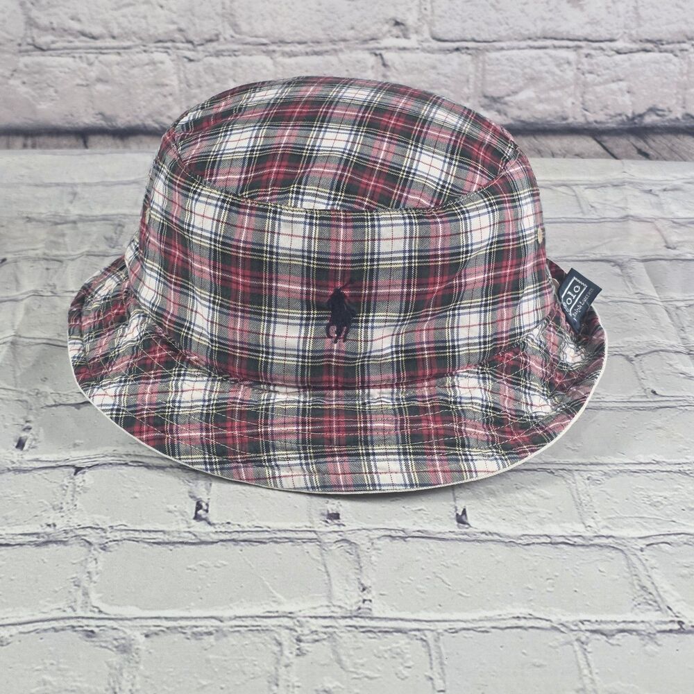 Ralph Lauren Reversible Plaid Bucket Hat Polo Logo Red Navy White 90s Style